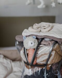 A clear packed hospital bag for labour and birth