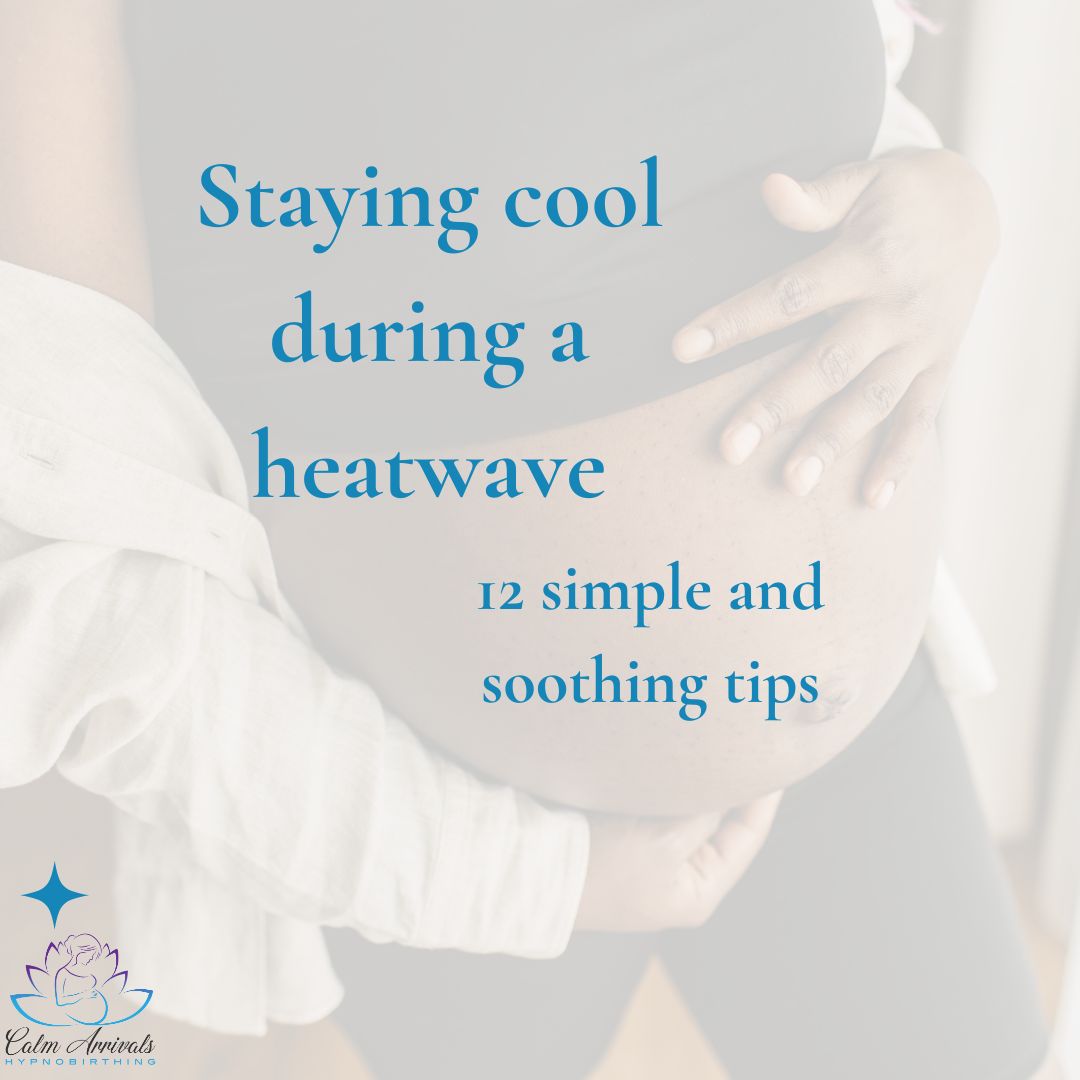 A pregnant woman holding her bump with text over the top- staying cool during pregnancy