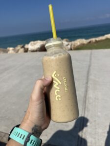 a delicious smoothie of banana, dates, peanut butter and tahini